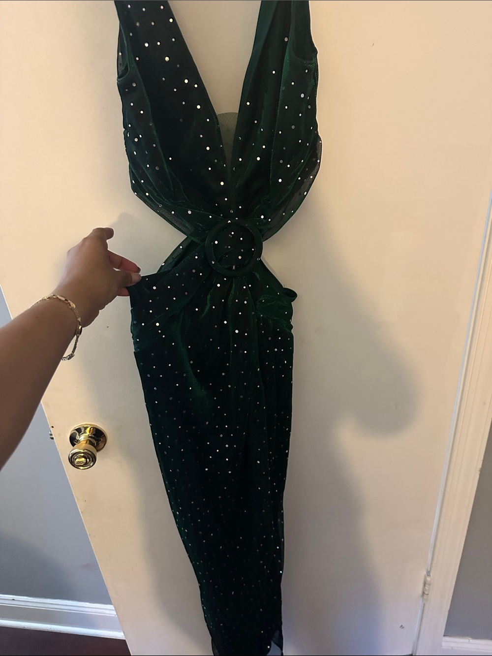 SHEIN Dark Green Velvet Backless Dress with Ring Detail and Rhinestones